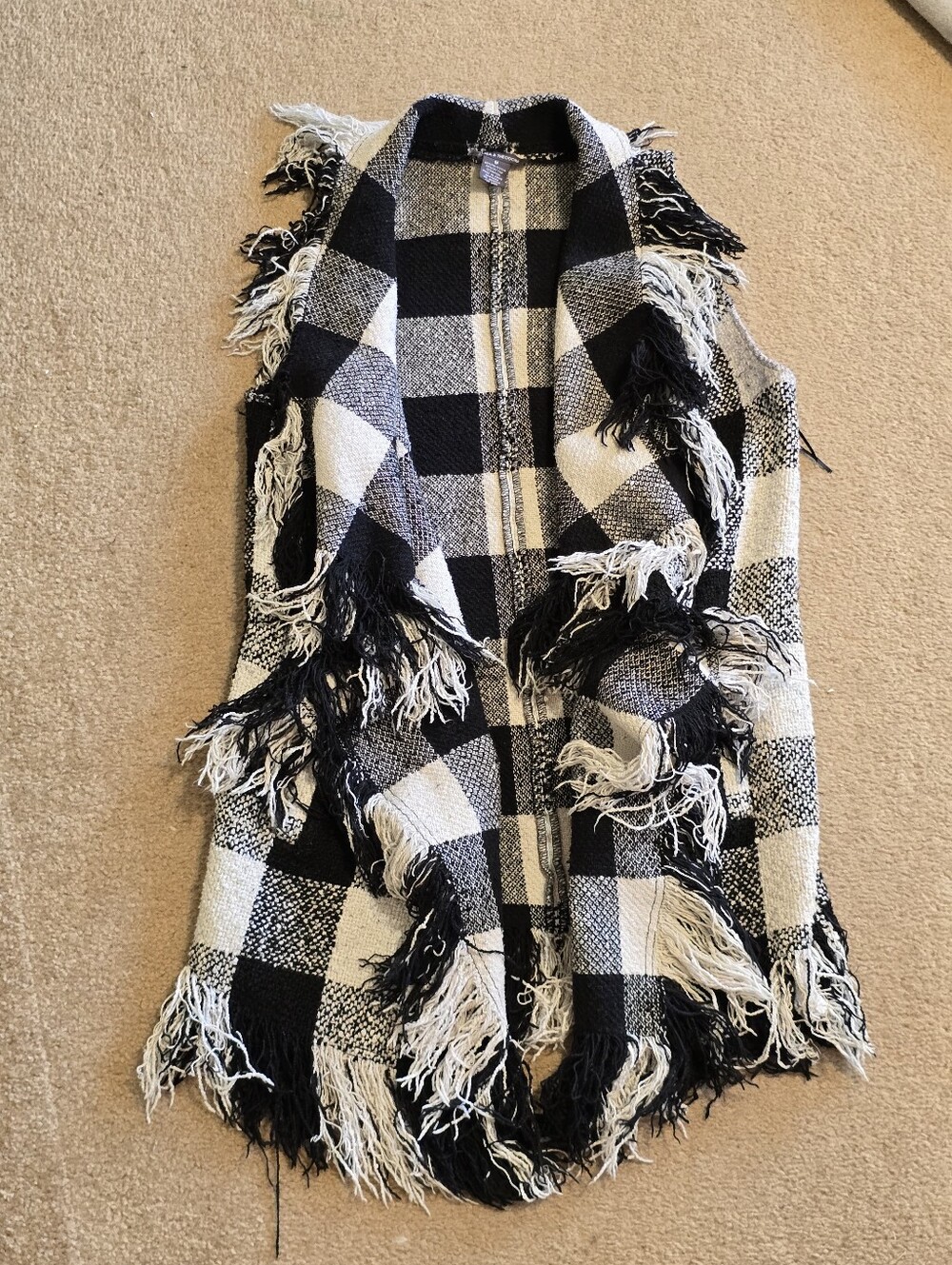 Chelsea & Theodore Black and White Plaid Open-Front Vest